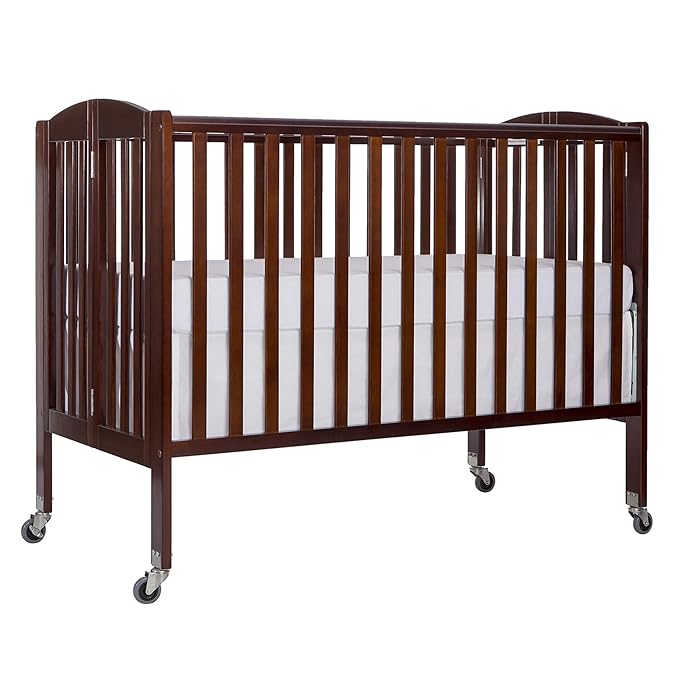 Folding Full Size Convenience Crib In Espresso, Two Adjustable Mattress Height Positions, Comes With Heavy Duty Locking Wheels, Flat Folding Crib - LeafyLoom