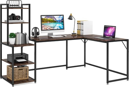 79 Inch Reversible L-Shaped Desk, Large Corner Computer Desk with 5 Tier Storage Shelves - LeafyLoom