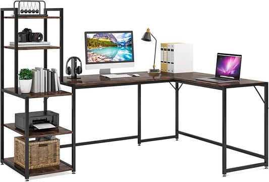 79 Inch Reversible L-Shaped Desk, Large Corner Computer Desk with 5 Tier Storage Shelves - LeafyLoom