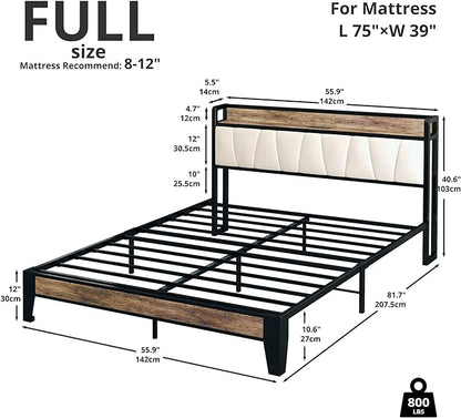 LIKIMIO Full Size Bed Frame, Storage Headboard with Charging Station, Solid and Stable, Noise Free, No Box Spring Needed, Easy Assembly (Walnut and Beige) - LeafyLoom