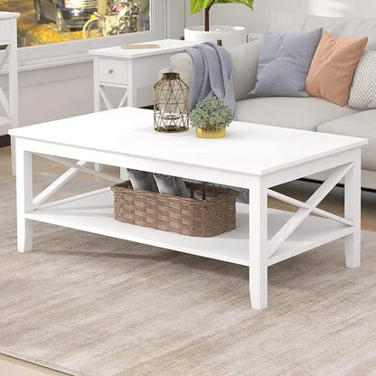 ChooChoo White Coffee Table Classic X Design for Living Room, Rectangular Modern Cocktail Table with Storage Shelf, 39 Inch - LeafyLoom