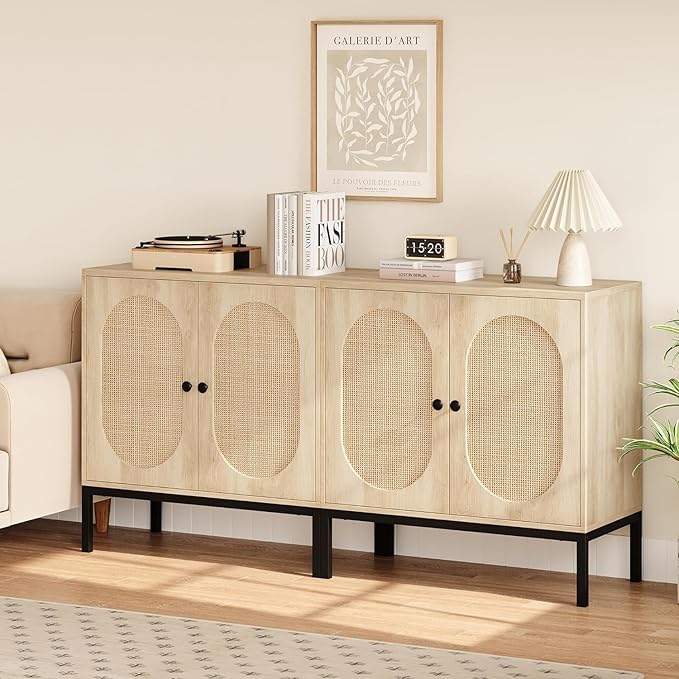 GAOMON Sideboard Buffet Cabinet, Rattan Storage Cabinet, Wood Accent Cabinet with Door and Shelf, Console Cabinet with Storage, Sideboard Cabinet for Hallway, Entryway, Living Room (Natural) - LeafyLoom