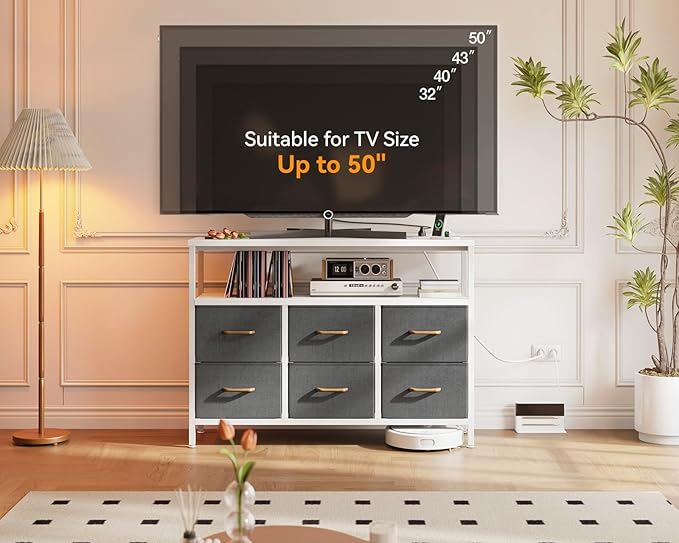 AODK TV Stand with Power Outlet, 40" Long TV Stand with 6 Large Fabric Drawers, Entertainment Center with Open Shelves for 55 Inch TV, Living Room, White and Light Grey - LeafyLoom