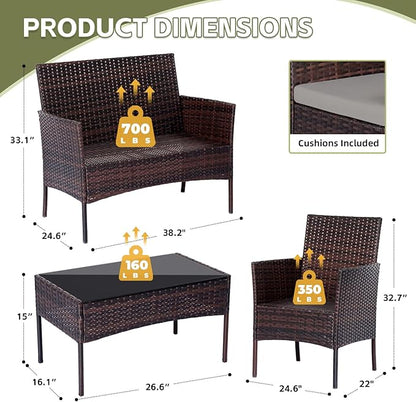 Patio Furniture Set,4 Piece Garden Conversation Set, Outdoor Wicker Rattan Table and Chairs, Black Patio Set, Sectional Sofa with Thick Cushion for Garden, Yard, or Porch (Brown/Grey)… - LeafyLoom