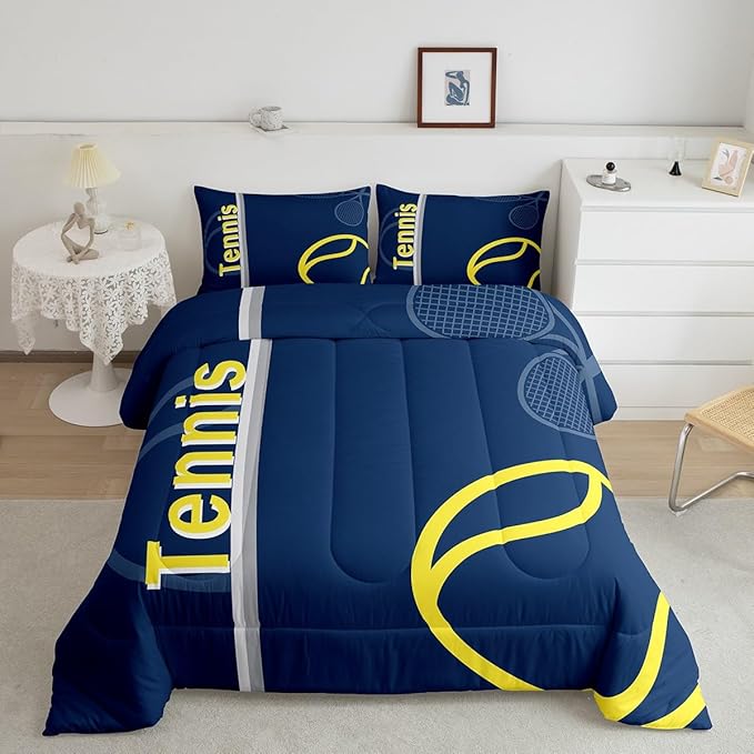 Feelyou Kids Tennis Comforter Set Full Size Tennis Sports Bedding Set for Boys Girls Teens Bedroom Decor Tennis Gaming Comforter Blue Yellow Tennis Lovers Duvet Set with 2 Pillow Case - LeafyLoom