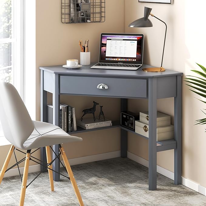 Nightcore Small, Wood Computer Desk, Compact Writing w/Drawer & Storage Shelves, Space Saving Study Workstation, Laptop PC Corner Table, Grey - LeafyLoom