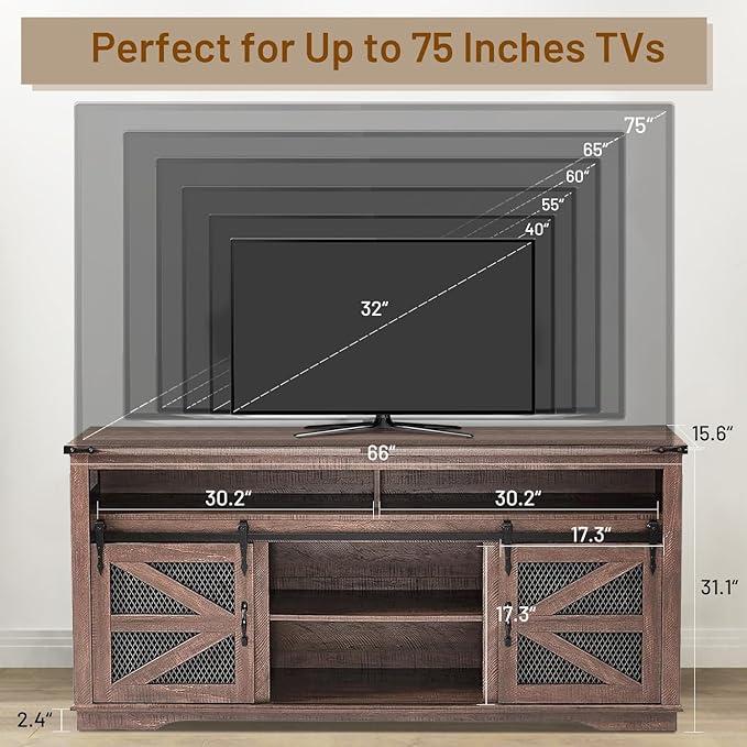 Zanzio 66" Farmhouse TV Stand for up to 75 inch TVs, Rustic Entertainment Center Media Console Table with Sliding Barn Doors Living Room Bedroom Wooden TV Cabinet (Distressed Brown) - LeafyLoom