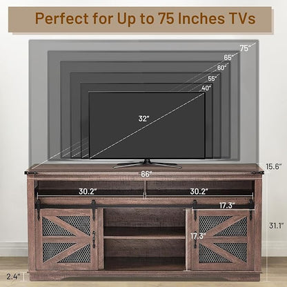 Zanzio 66" Farmhouse TV Stand for up to 75 inch TVs, Rustic Entertainment Center Media Console Table with Sliding Barn Doors Living Room Bedroom Wooden TV Cabinet (Distressed Brown) - LeafyLoom