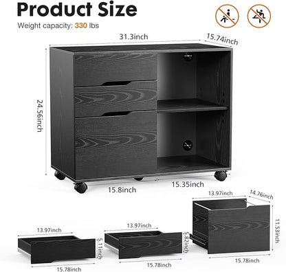 Sweetcrispy 3 Drawer File Cabinet Organizer Lateral Printer Stand Rolling Desk with Adjustable Storage Shelves for Office Home Small Space, Black Wood - LeafyLoom