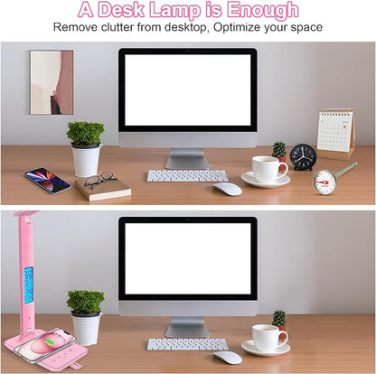 Desk Lamp with Wireless Charger, USB Charging Port, Dimmable Office Desk Light with Clock, Alarm, Date, Temperature, Foldable Lamp for Table Bedroom Bedside Office (Pink) - LeafyLoom