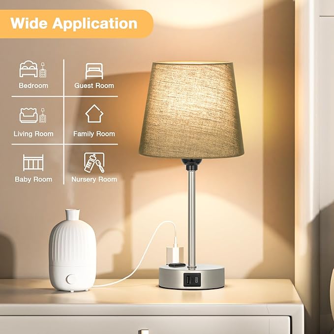 Table Lamps for Bedrooms Set of 2 Bedside - Nightstand Bedroom Lamp with USB C Port and AC Outlet Charging, Dimmable Touch Small End Side Lamp, Black Night Stand Light for Kid/Guest Room/Living Room - LeafyLoom