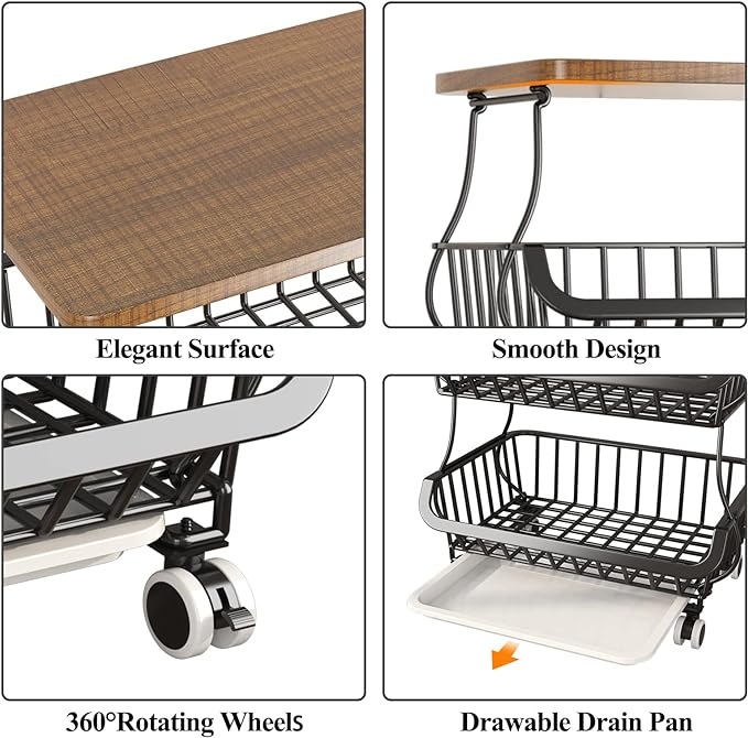 Wisdom Star 6 Tier Fruit Vegetable Basket for Kitchen with Wooden Tabletop, Storage Cart Vegetable Basket Bins for Onions and Potatoes, Wire Storage Basket Organizer Utility Cart with Wheels, Black - LeafyLoom