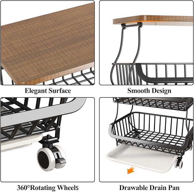 Wisdom Star 5 Tier Fruit Vegetable Basket for Kitchen with Wooden Tabletop, Storage Cart Vegetable Basket Bins for Onions and Potatoes, Wire Storage Basket Organizer Utility Cart with Wheels, Black - LeafyLoom