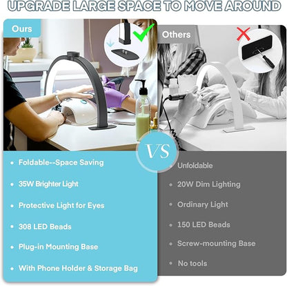 MYSWEETY Foldable Half Moon Nail Desk Lamp, 23 Inch Lash Light Led Nail Tech Lamp for Desk, Half Moon Light with Phone Holder, Estheticians Table Lamp for Tattoo, Lash Eyelash Extension(Black) - LeafyLoom