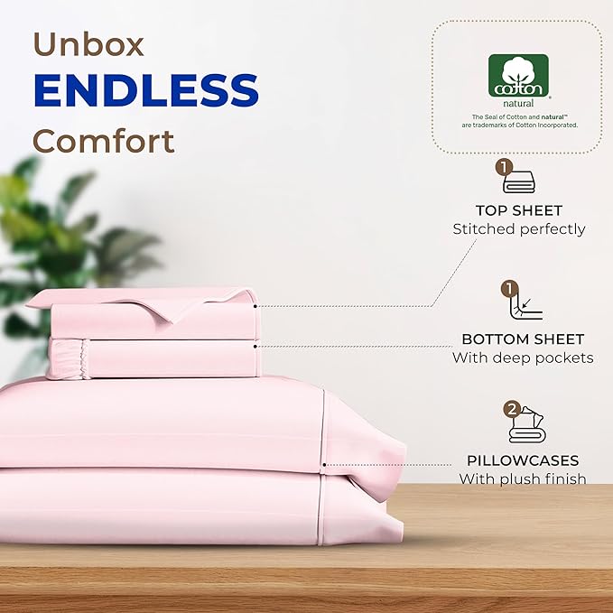 THREAD SPREAD 100% Egyptian Cotton Sheets California King Size - 600 Thread Count 4 PC Luxury Sheets Cal King Size, Soft, Cooling Hotel Luxury Bed Sheets & Pillowcases, Fits Mattress upto 18" - Blush - LeafyLoom