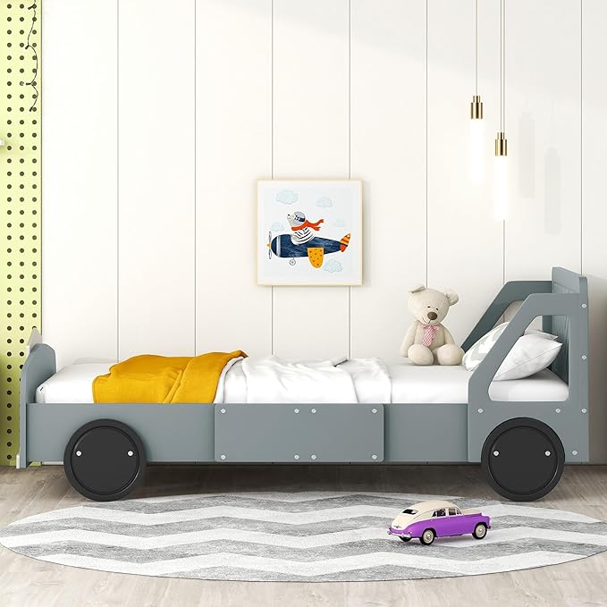 Twin Size Car-Shaped Bed Frame for Kids,Wooden Platform Bed with Wheels and Side Rails for for Boys Girls,Wood Slat Supports,No Box Spring Needed,Gray - LeafyLoom