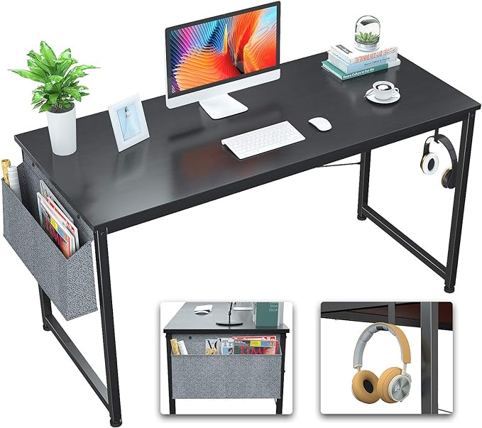 Foxemart Computer Desk 47" Office Desks Writing Study Desk Modern Simple PC Laptop Notebook Table with Storage Bag and Iron Hook for Home Office Workstation, Black - LeafyLoom