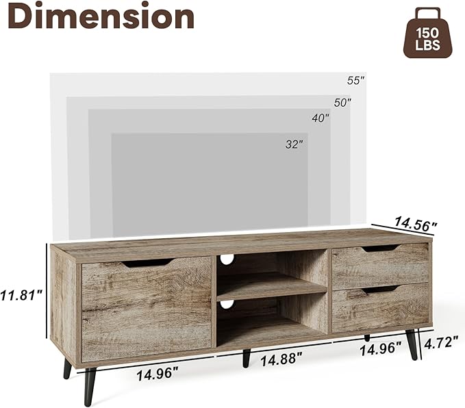 Maxtown TV Stands for Living Room, TV Console Table for 55 Inch TV, Entertainment Center with 1 Cabinet, 2 drawers, Media Console with Metal Feet for Bedroom, Living Room, Walnut - LeafyLoom