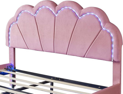 Queen Upholstered Smart LED Bed Frame with Elegant Flowers Headboard, Floating Velvet Platform LED Bed with Wooden Slats Support, No Box Spring Needed, Easy Assembly, Pink - LeafyLoom