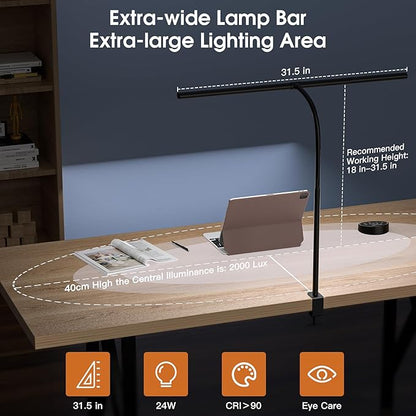 Desk Lamp 31.5" W, Desk Lamp for Home Office, Gesture Sensing Desk Light, Monitor Light, Adjustable Color Temperature & Brightness, Table Lamp 24W Brightest, Black - LeafyLoom