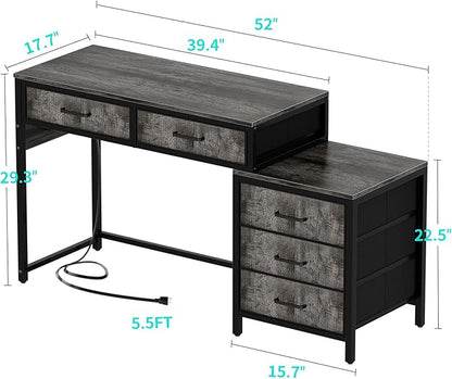 Unikito Computer Desk with 5 Drawers, Reversible Home Office Desk with Power Outlets, Sturdy Writing Desk with File Cabinet and Printer Stand, Vanity Desk with Storage for Small Space, Black Oak - LeafyLoom