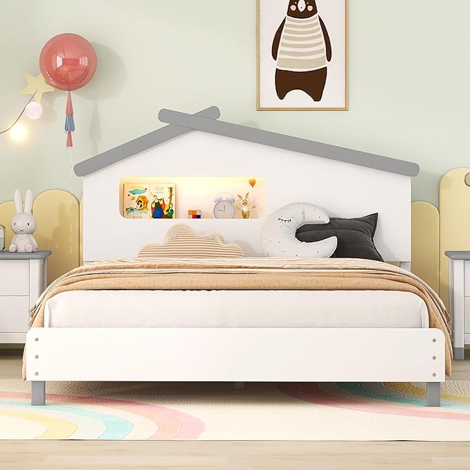 Bellemave Full Size Platform Bed with House-Shaped Headboard and Motion Activated Night Lights,Wood Full Kids Bed Frame for Teens, Girls,Boys(Full,White) - LeafyLoom