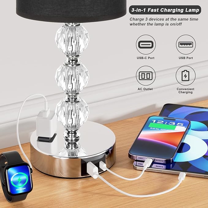 Black Touch Bedside Lamps for Bedrooms - Crystal Table Lamp with USB C+A Charging Port and AC Outlet Nightstand, 3 Way Dimmable Silver Small End Side Table Lamp for Living/Guest/Dinning Room/Kitchen - LeafyLoom