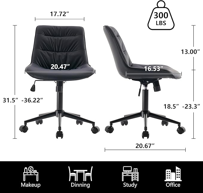 Kidol & Shellder Armless Office Chair Desk Chair Comfy Makeup Vanity Chair with Back Ergonomic Swivel Chair Home Office Desk Chairs with Wheels Rolling Computer Chair Bedroom Accent Chair(Black) - LeafyLoom