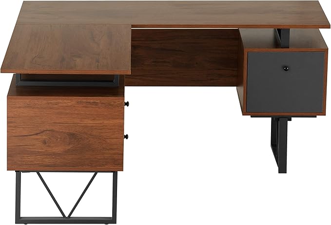 NicBex Laik-DW-00045-DX Desks, 59" W x 57.75" D x 30" H, Walnut - LeafyLoom