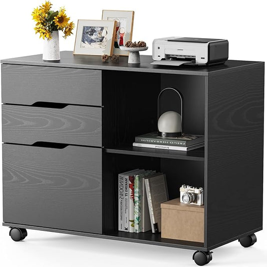 Sweetcrispy 3-Drawer File Cabinet, Lateral Mobile Filing Cabinet Wood Storage Organizer with Wheels, Printer Stand & Open Shelves for Home Office Under Desk Organization - Black - LeafyLoom