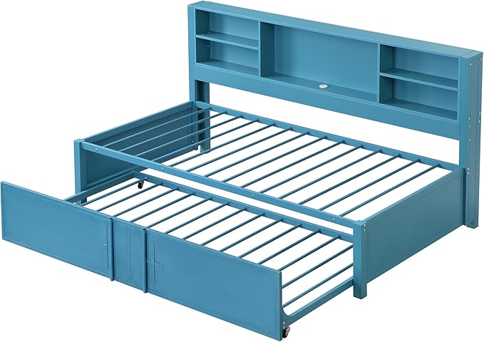 Metal Twin Size Daybed with Trundle and Storage Headboard, USB Charging Port, for Living Room Bedrooms, Blue - LeafyLoom