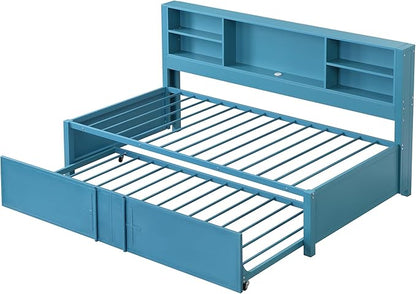 Metal Twin Size Daybed with Trundle and Storage Headboard, USB Charging Port, for Living Room Bedrooms, Blue - LeafyLoom