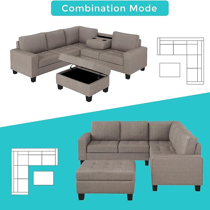 Ottoman&Cup Living Room Furniture Sets,Sectional Corner Sofa L-shape Couch Saving with Storage Ottoman & Cup Holders Design for Large Space Dorm Apartment, Brown F - LeafyLoom