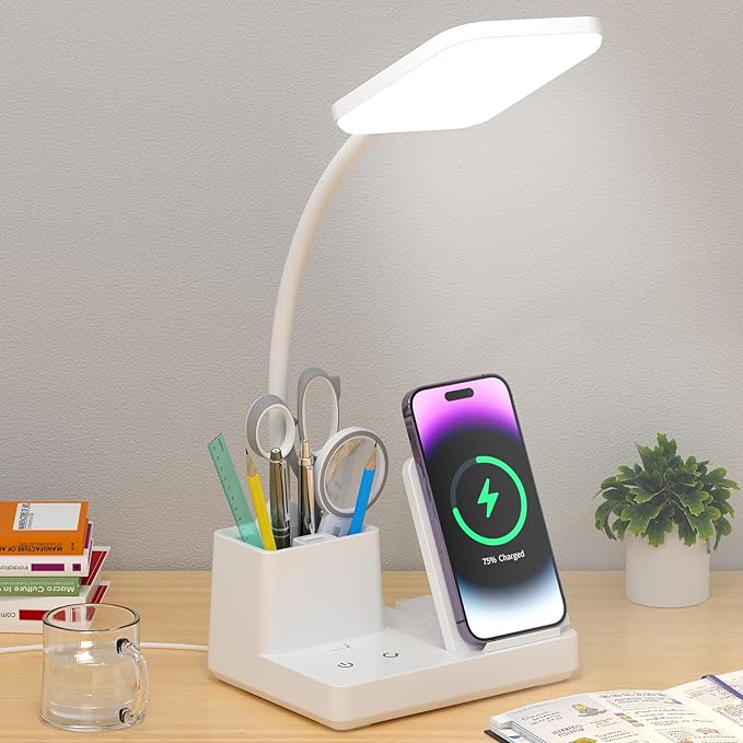 Desk Lamp, Desk Lamps for Home Office with USB Port Pen holder Wireless Charger 360 Gooseneck 3 Color Modes Dimmable Touch Square 800 Lumens CRI 85, Desk Light for college dorm room, White - LeafyLoom