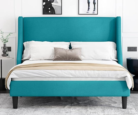 Allewie Full Size Bed Frame, Platform Bed Frame with Upholstered Headboard, Modern Deluxe Wingback, Wood Slat Support, Mattress Foundation, Peacock Green - LeafyLoom