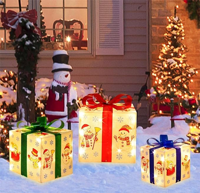 [Large 8.5"x7"x6" Christmas Set of 3 Lighted Gift Boxes Decorations Pre-lit 70 Super-Bright LED with Flashers,for Indoor Outdoor Christmas Tree Skirt Ornament Pathway Holiday Party Home GLOWNOVA