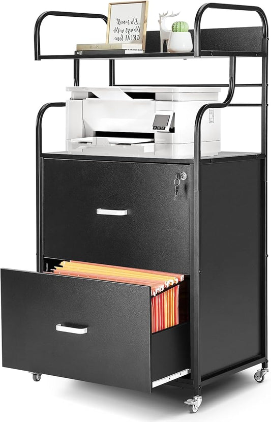 Vertical File Cabinet, 2 Drawer Mobile Filing Cabinet with 1 Bookshelf, Printer Stand with Open Storage Shelves Fits A4/Letter/Legal Size File Cabinets for Home Office Organizer, Black - LeafyLoom