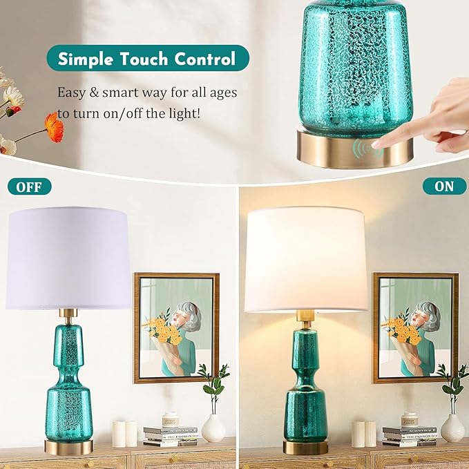 Touch Table Lamp Set of 2, Glass Table Lamps with Brass Gold Base Touch Control, Modern Tall Table Lamps for Bedroom Bedside Nightstand Living Room End Table, Bulbs Included, 24” - LeafyLoom