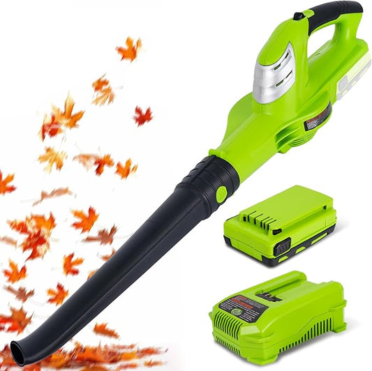 HARDELL Leaf Blower, 18V Small Leaf Blower Cordless with 2.0Ah Battery & Fast Charger, Lightweight Electric Leaf Blower for Lawn Care, Patio, Blowing Leaves, Green - LeafyLoom