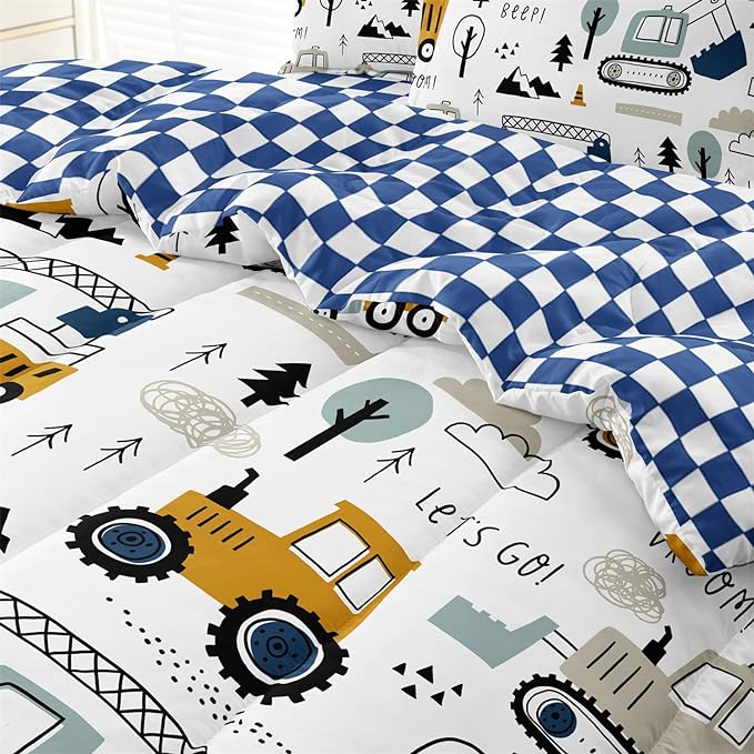 4-Pcs Construction Twin Size Boys Bedding Set, Kids Comforter Set for Teens w/Sheets and Pillowcase, Soft Cartoon Tractor Cars Bed in a Bag Sets - LeafyLoom