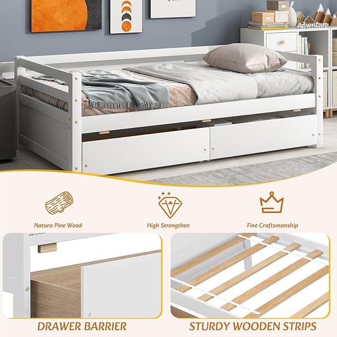 Twin Daybed with 2 Storage Drawers,Pinewood Twin Size Daybed Frame with Guardrail,for Boys/Girls/Teens Bedroom, Easy to Assemble, No Box Spring Needed,White - LeafyLoom