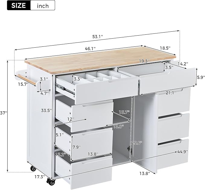 Kitchen Island with Storage, Rolling Table on Wheels w/Handle-Free Drawers Including a Flatware Organizer for Dinning Room, Rubber Wood Contertop - LeafyLoom