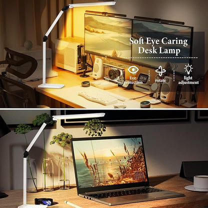 LED Desk Lamp with USB Charging Ports,Creative Touch Reading Light, with Memory Dual Light and Adjustable Swing Arm,15W 4 CCT Eye-Care Modes & 4 Brightness Levels Table Lamp for Home Office-White - LeafyLoom