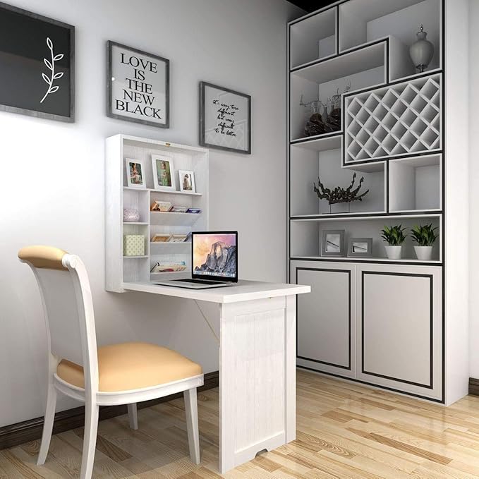 Wall Mounted Table w/Classified Storage Space, Foldable Multiple-Purpose Desk, Sturdy Wood Structure, White - LeafyLoom