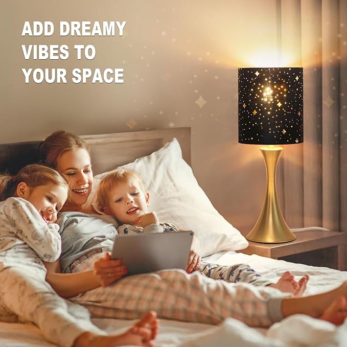 Touch Lamp for Bedroom, 3 Way Dimmable Gold Table Lamp with Black Starry Shade, Decorative Nightstand Lamp Ambient Beside Light for Living Room, Guest Room, Office 3000K LED Bulb Included - LeafyLoom