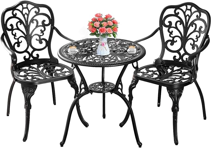 Bistro Table and Chairs Set of 2 with Umbrella Hole,Cast Aluminum Patio Bistro Sets 3 Piece,Outdoor Bistro Table Set,Patio Furniture Set for Front Porch Set,Garden(Butterfly Black) - LeafyLoom