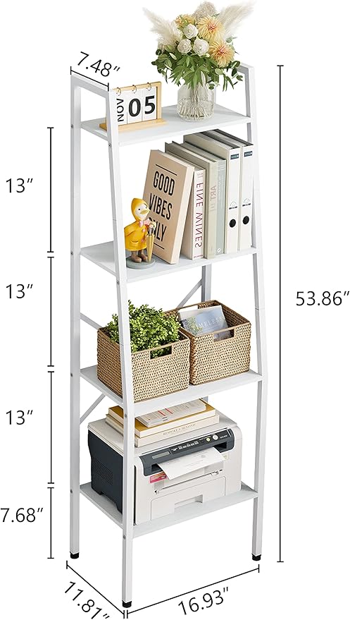 Hoctieon Ladder Shelf Bookcase, 4-Tier Ladder Bookshelf, Tall Bookshelf with Metal Frame, Industrial Bookshelf Ladder, for Living Room, Kitchen, Home Office, Bedroom, Simple Assembly, White - LeafyLoom