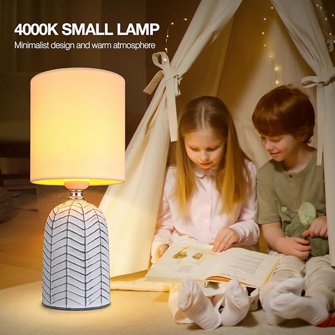 AIDENOEY Small Table Lamp for Bedroom -Bedside Desk Reading Lamps with 3 Way DimmableTouch Control,Nightstand Ceramic Lamp with Fabric Shade for Kids Room,Living Room,Dorm,Home Office(Grey+White) - LeafyLoom