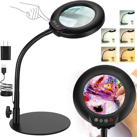 8X Magnifying Glass with Light and Stand, 5 Color Modes Stepless Dimmable Flexible Gooseneck Magnifying Desk Lamp, LED Lighted Magnifier Hands Free for Craft Reading Painting Close Work Hobby - LeafyLoom