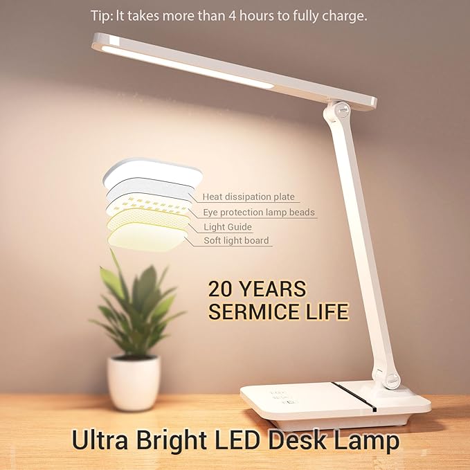 Cordless LED Desk Lamp for Home Office, 6000mAh Rechargeable Battery Operated Table Lamps,Eye-Caring Reading Lamp for Students, 3 Lighting Modes & Brightness Dimmer Light for Kids Study - LeafyLoom